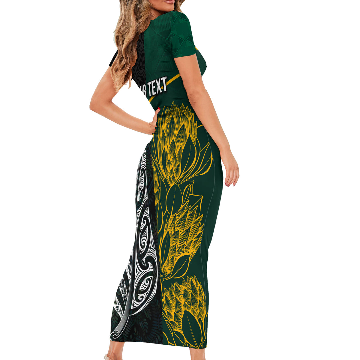 Personalised South Africa and New Zealand Short Sleeve Bodycon Dress King Protea and Silver Fern Mix Culture Pattern LT03 - Polynesian Pride