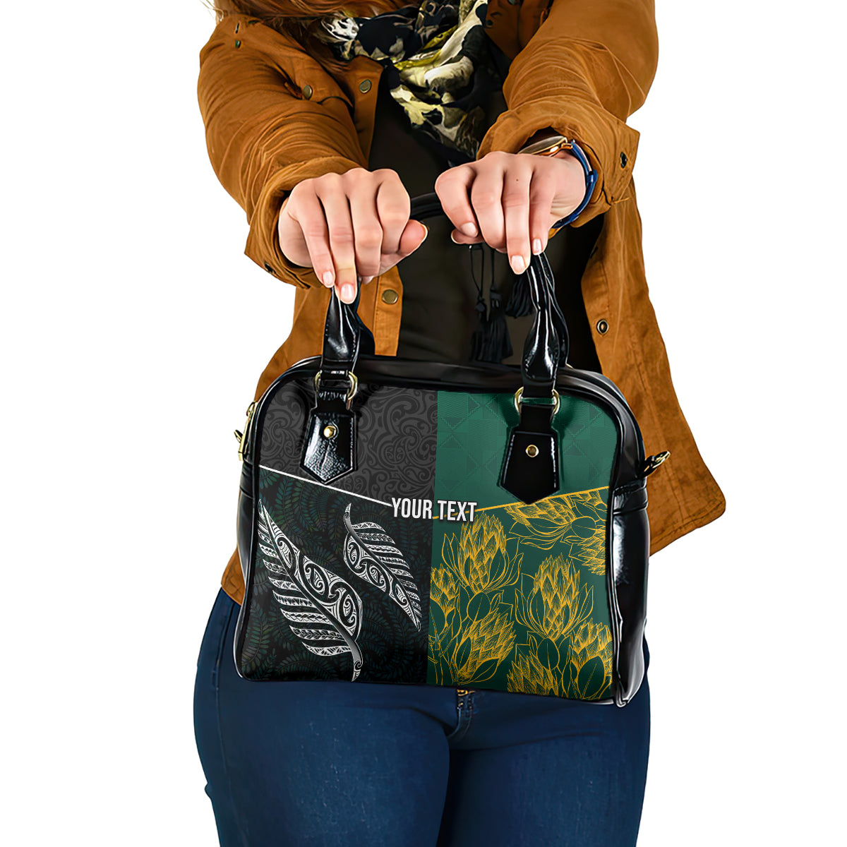 Personalised South Africa and New Zealand Shoulder Handbag King Protea and Silver Fern Mix Culture Pattern LT03 One Size Black - Polynesian Pride