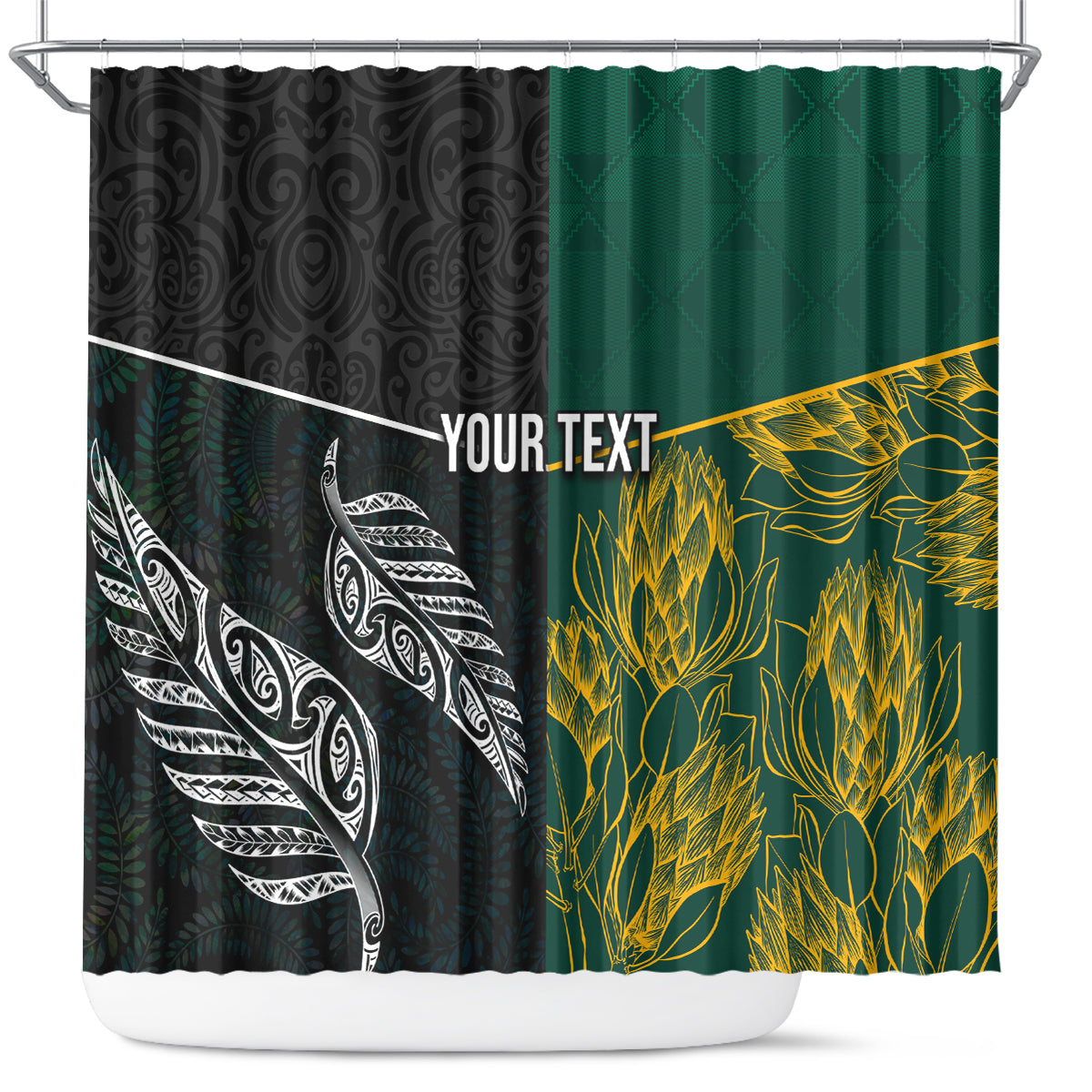 Personalised South Africa and New Zealand Shower Curtain King Protea and Silver Fern Mix Culture Pattern LT03 Black - Polynesian Pride