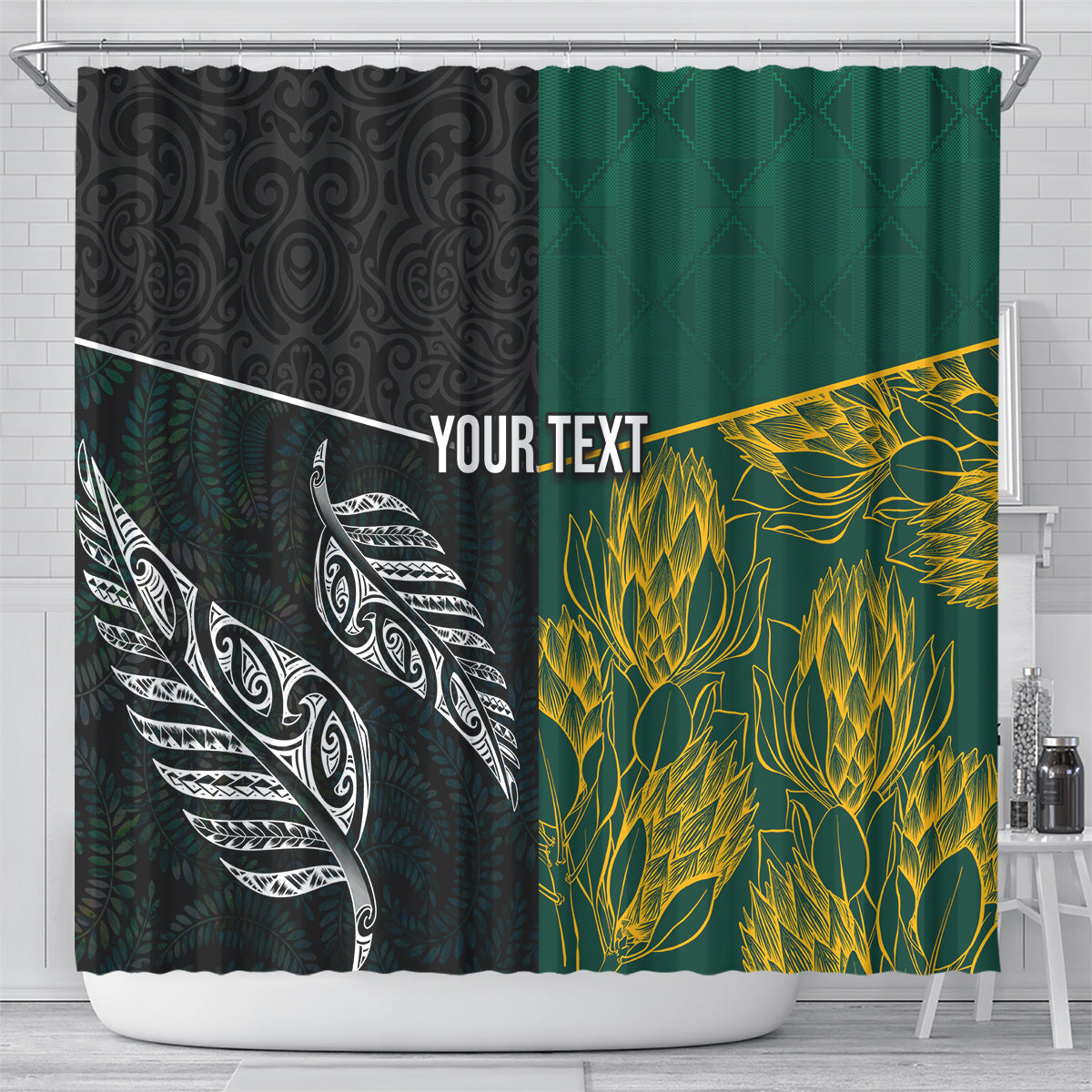 Personalised South Africa and New Zealand Shower Curtain King Protea and Silver Fern Mix Culture Pattern LT03 - Polynesian Pride