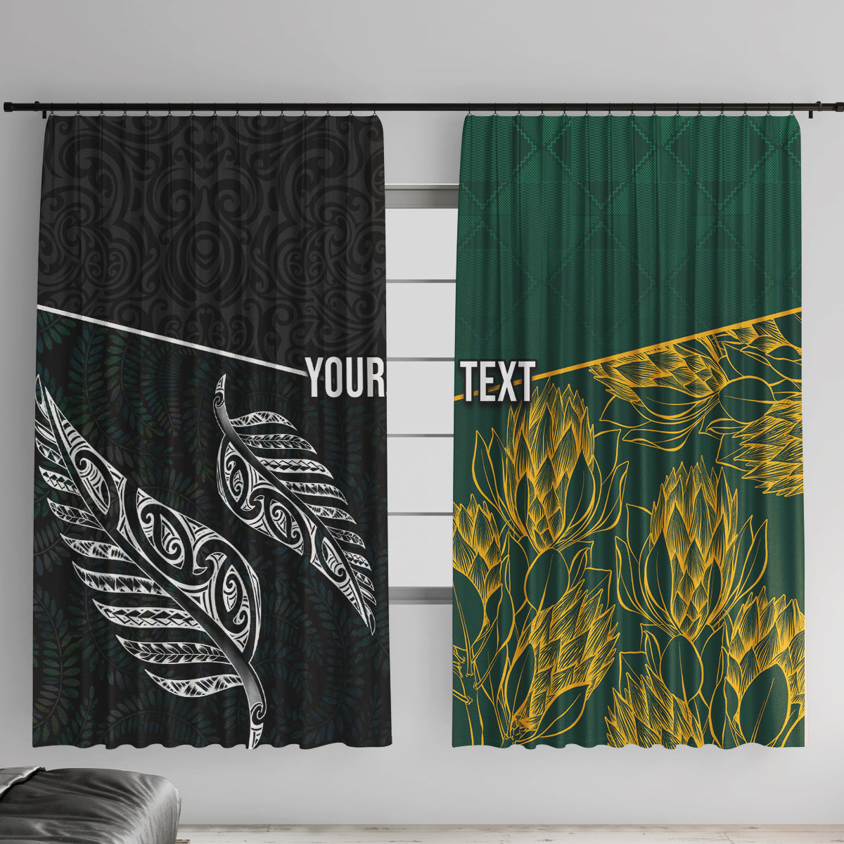 Personalised South Africa and New Zealand Window Curtain King Protea and Silver Fern Mix Culture Pattern LT03 With Hooks Black - Polynesian Pride