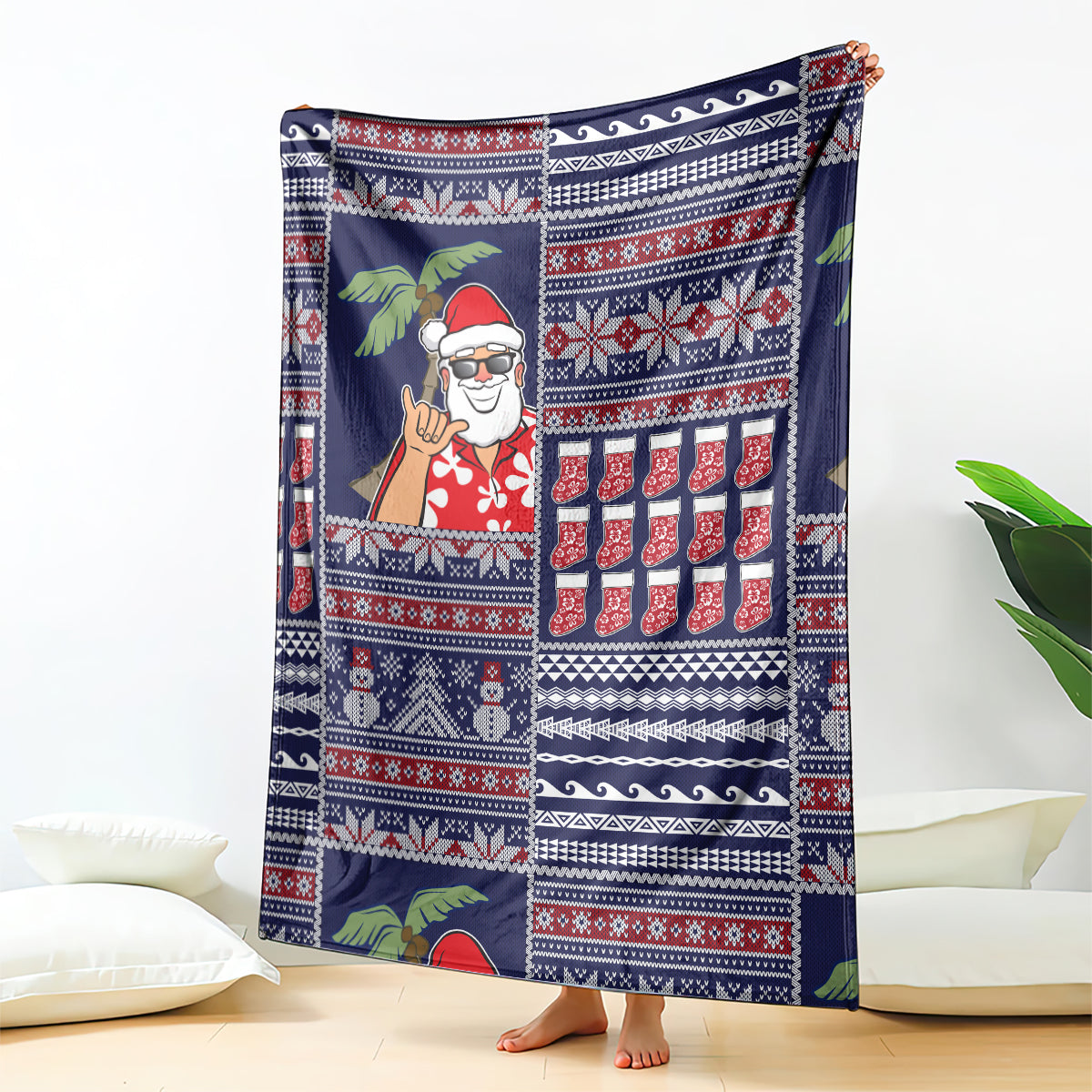 Hawaii Mele Kalikimaka Blanket Aloha and Christmas Elements Patchwork Blue Style LT03 Blue - Polynesian Pride