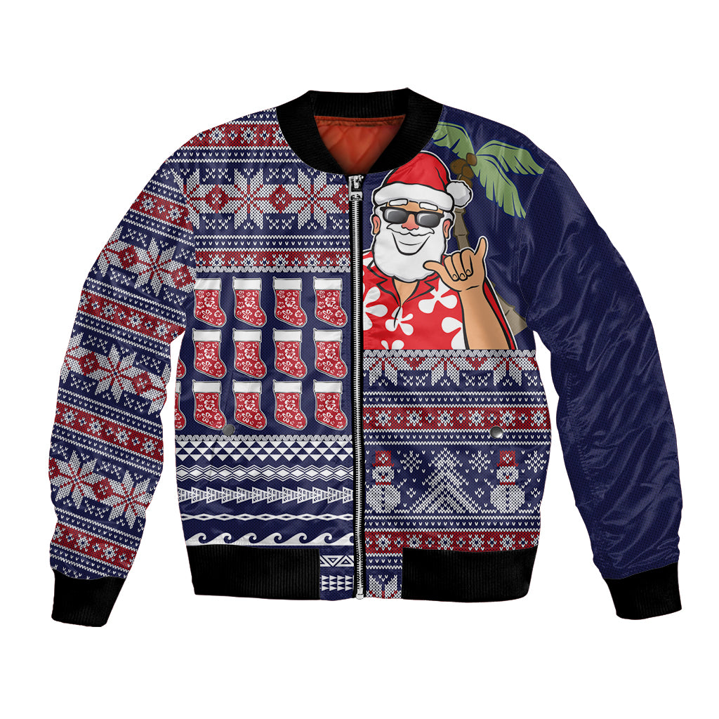 Hawaii Mele Kalikimaka Bomber Jacket Aloha and Christmas Elements Patchwork Blue Style LT03 Unisex Blue - Polynesian Pride