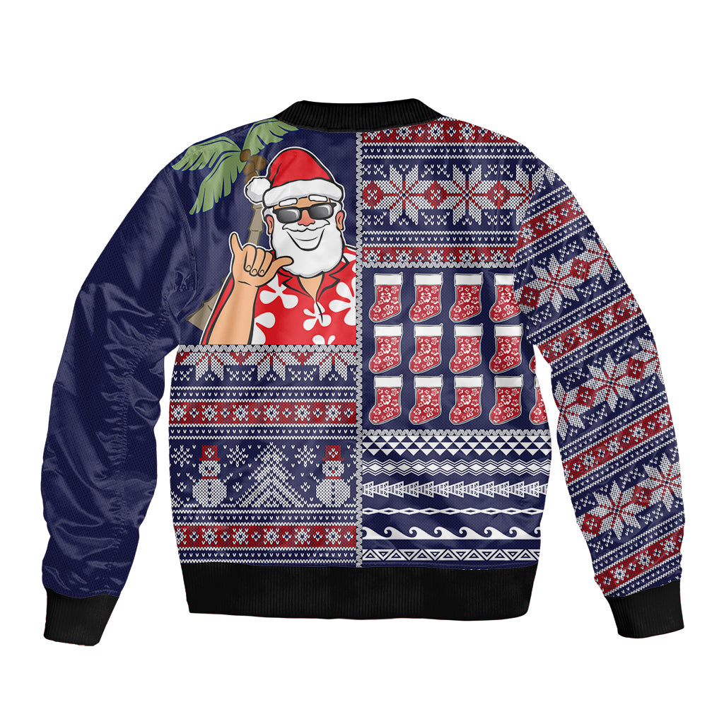 Hawaii Mele Kalikimaka Bomber Jacket Aloha and Christmas Elements Patchwork Blue Style LT03 - Polynesian Pride