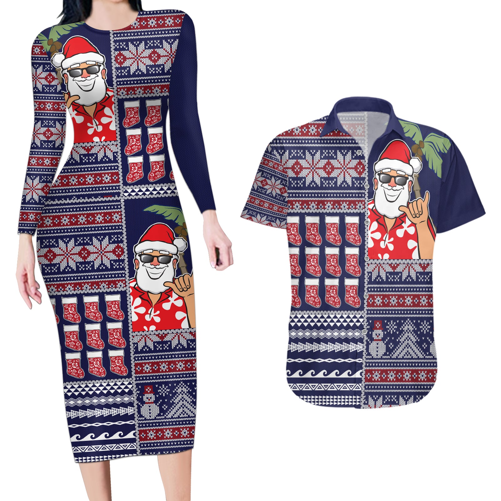 Hawaii Mele Kalikimaka Couples Matching Long Sleeve Bodycon Dress and Hawaiian Shirt Aloha and Christmas Elements Patchwork Blue Style LT03 Blue - Polynesian Pride