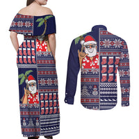 Hawaii Mele Kalikimaka Couples Matching Off Shoulder Maxi Dress and Long Sleeve Button Shirt Aloha and Christmas Elements Patchwork Blue Style LT03 - Polynesian Pride