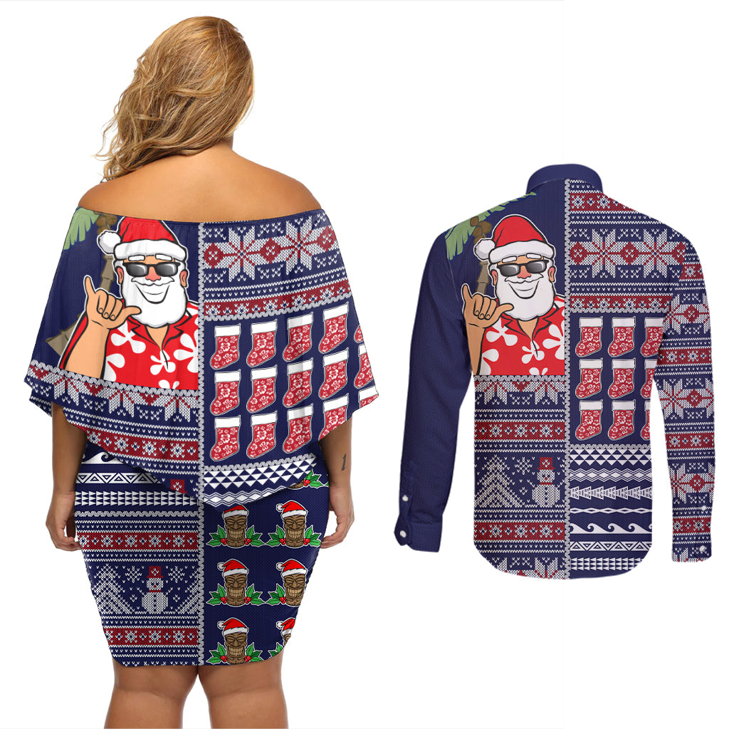 Hawaii Mele Kalikimaka Couples Matching Off Shoulder Short Dress and Long Sleeve Button Shirt Aloha and Christmas Elements Patchwork Blue Style LT03 - Polynesian Pride