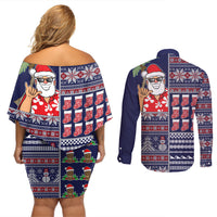 Hawaii Mele Kalikimaka Couples Matching Off Shoulder Short Dress and Long Sleeve Button Shirt Aloha and Christmas Elements Patchwork Blue Style LT03 - Polynesian Pride
