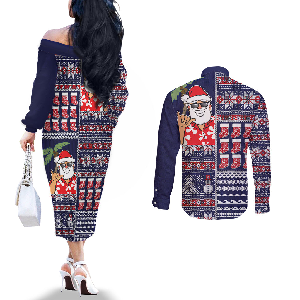 Hawaii Mele Kalikimaka Couples Matching Off The Shoulder Long Sleeve Dress and Long Sleeve Button Shirt Aloha and Christmas Elements Patchwork Blue Style LT03 - Polynesian Pride