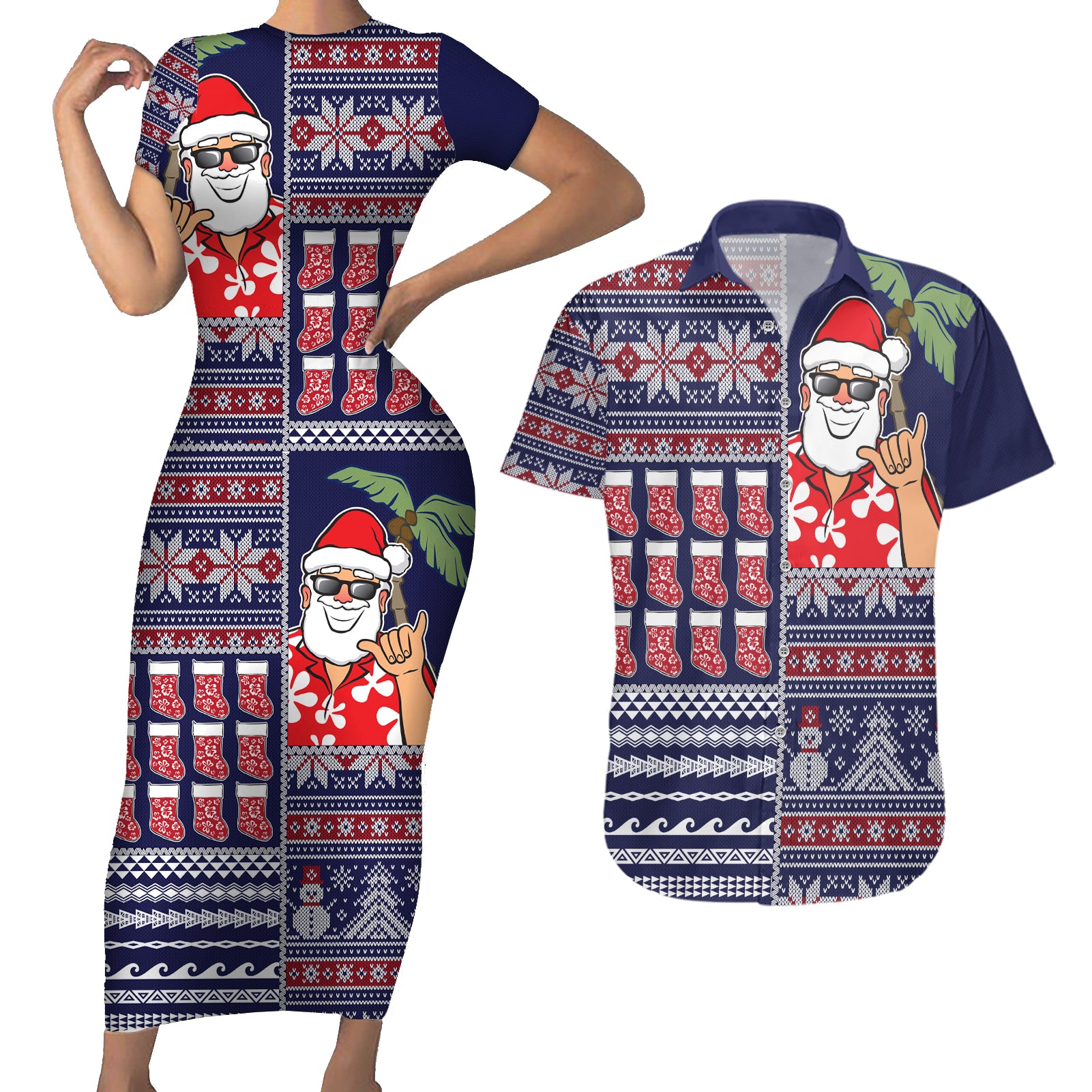 Hawaii Mele Kalikimaka Couples Matching Short Sleeve Bodycon Dress and Hawaiian Shirt Aloha and Christmas Elements Patchwork Blue Style LT03 Blue - Polynesian Pride