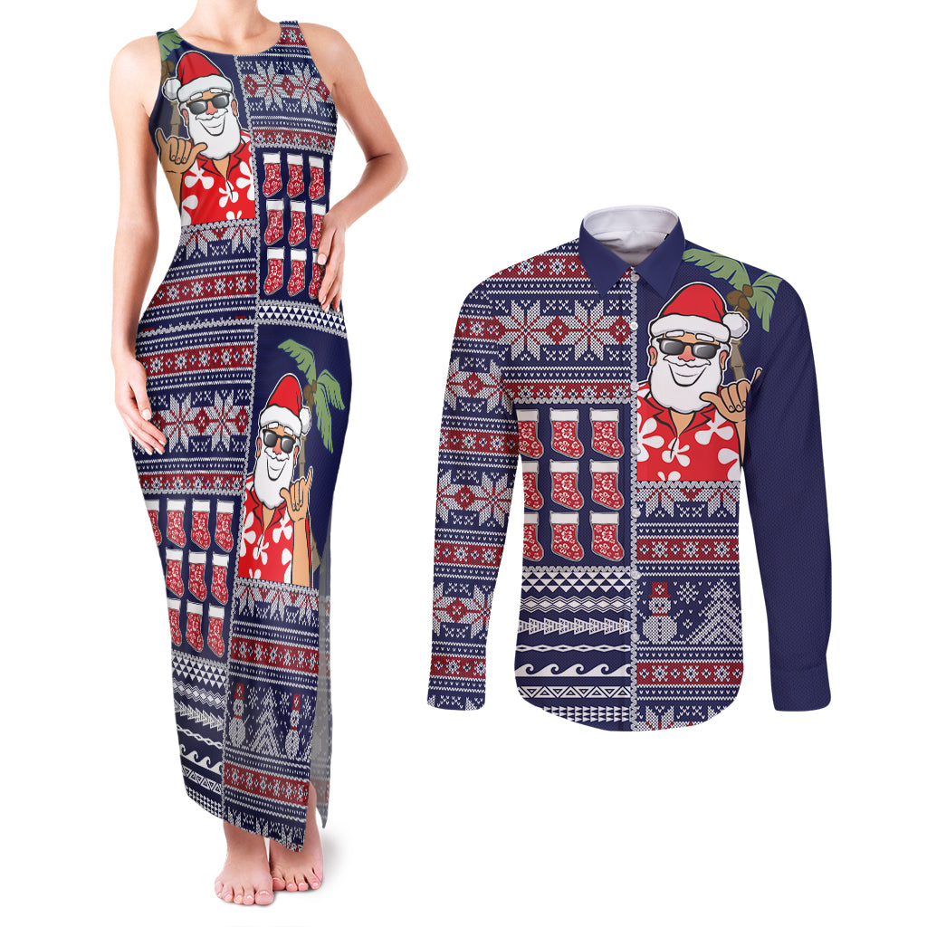 Hawaii Mele Kalikimaka Couples Matching Tank Maxi Dress and Long Sleeve Button Shirt Aloha and Christmas Elements Patchwork Blue Style LT03 Blue - Polynesian Pride