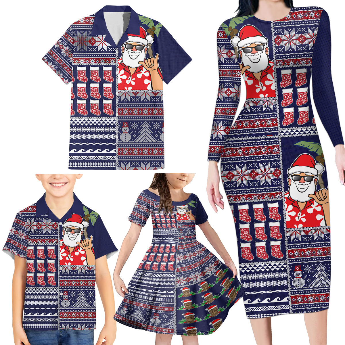 Hawaii Mele Kalikimaka Family Matching Long Sleeve Bodycon Dress and Hawaiian Shirt Aloha and Christmas Elements Patchwork Blue Style LT03 - Polynesian Pride