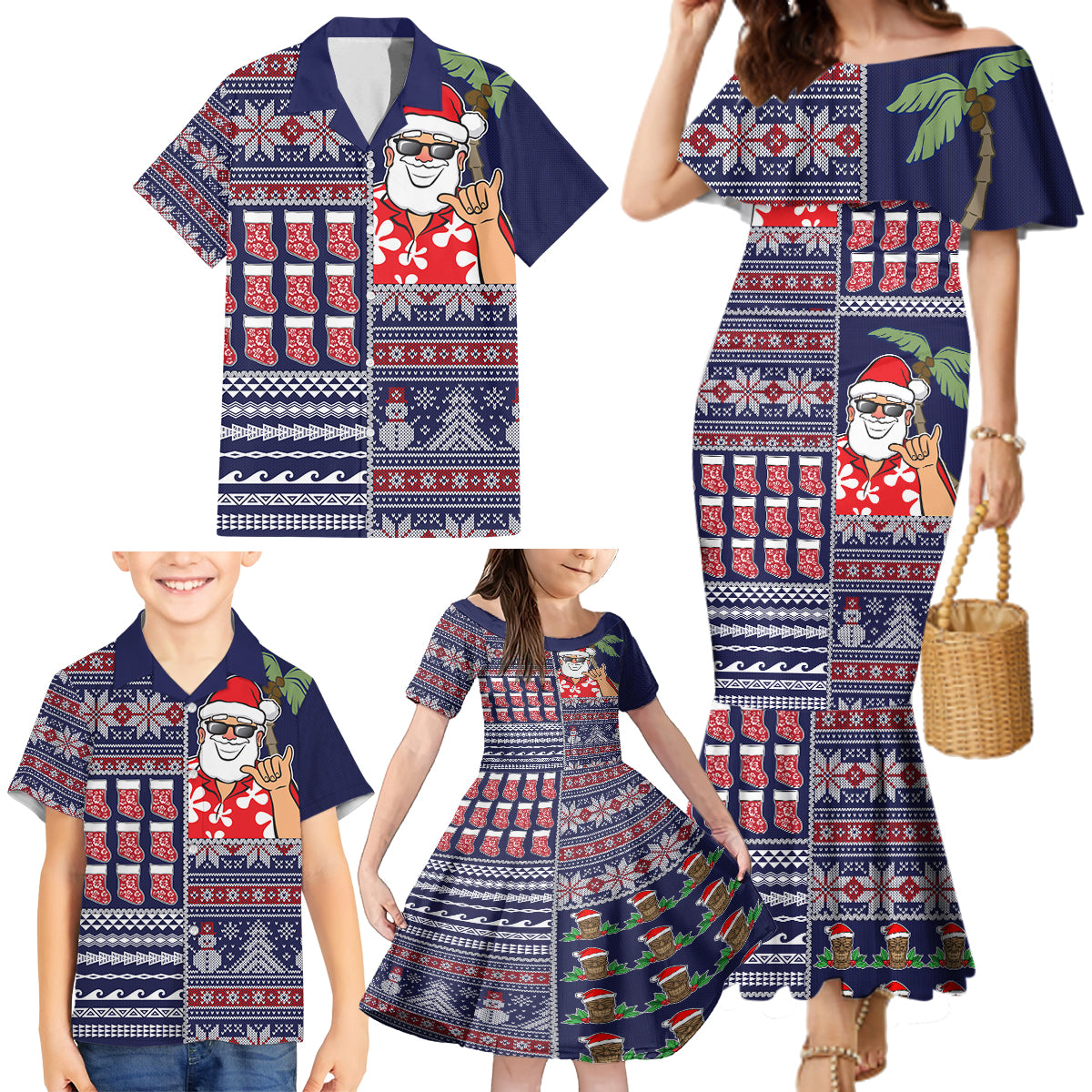 Hawaii Mele Kalikimaka Family Matching Mermaid Dress and Hawaiian Shirt Aloha and Christmas Elements Patchwork Blue Style LT03 - Polynesian Pride