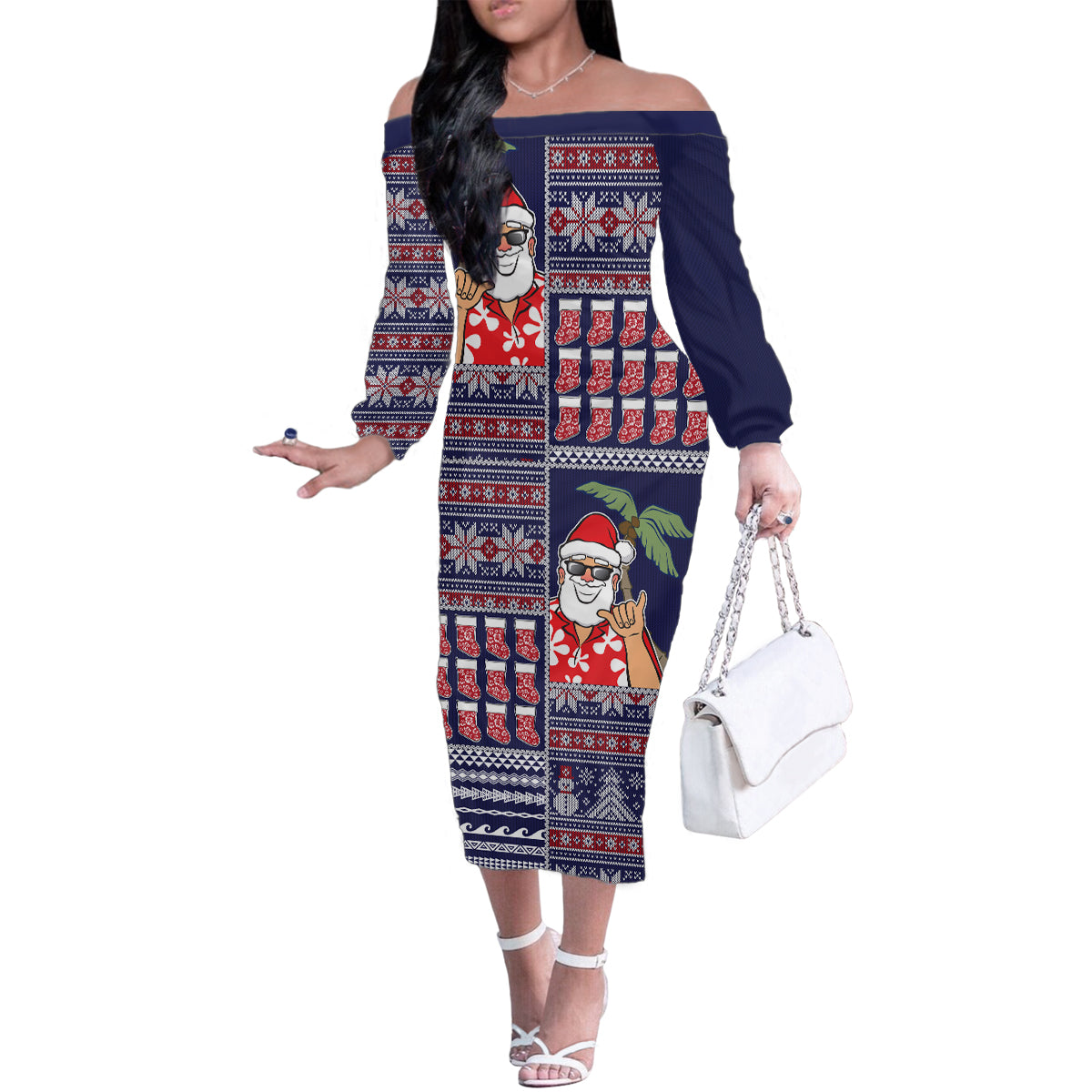 Hawaii Mele Kalikimaka Family Matching Off Shoulder Long Sleeve Dress and Hawaiian Shirt Aloha and Christmas Elements Patchwork Blue Style LT03 Mom's Dress Blue - Polynesian Pride