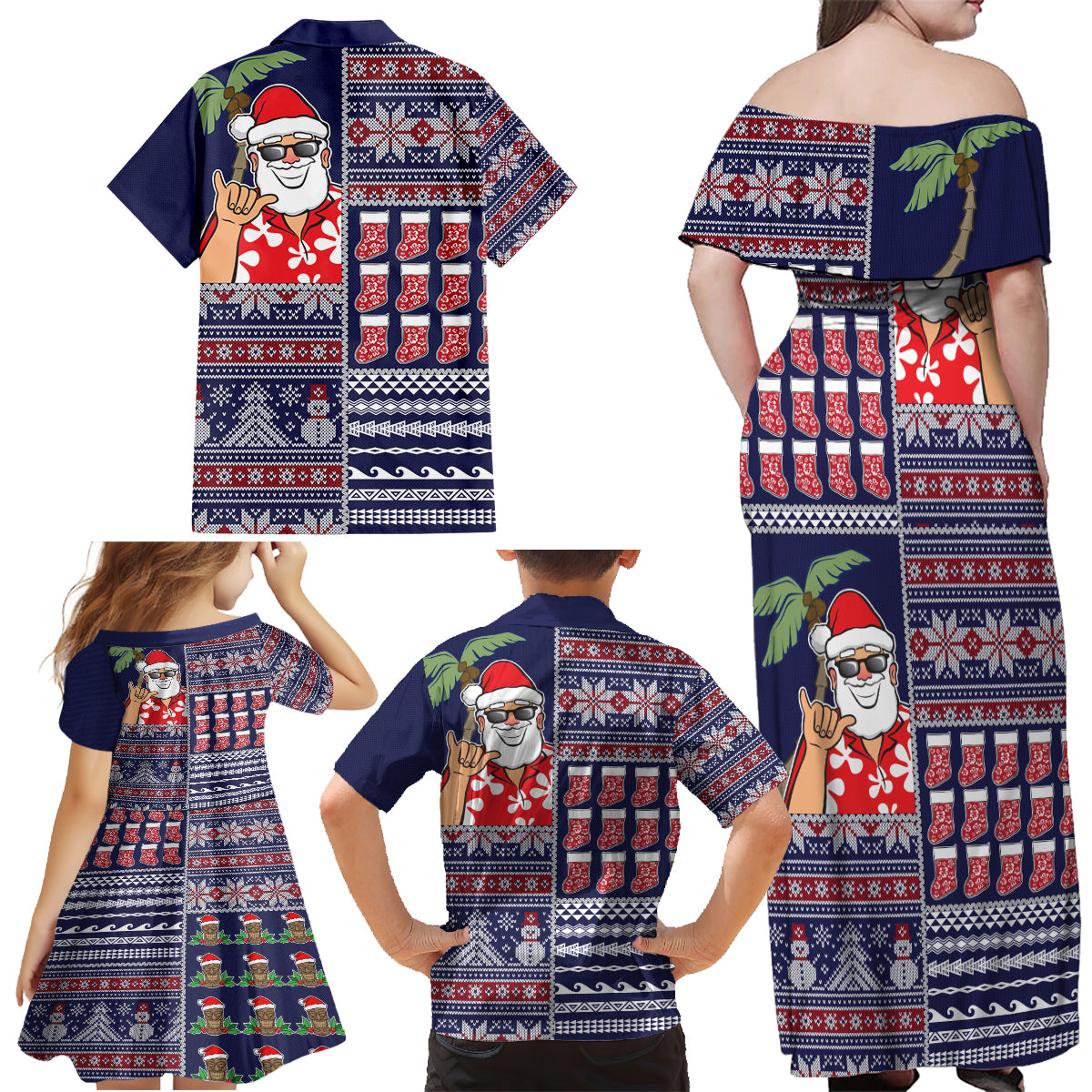 Hawaii Mele Kalikimaka Family Matching Off Shoulder Maxi Dress and Hawaiian Shirt Aloha and Christmas Elements Patchwork Blue Style LT03 - Polynesian Pride