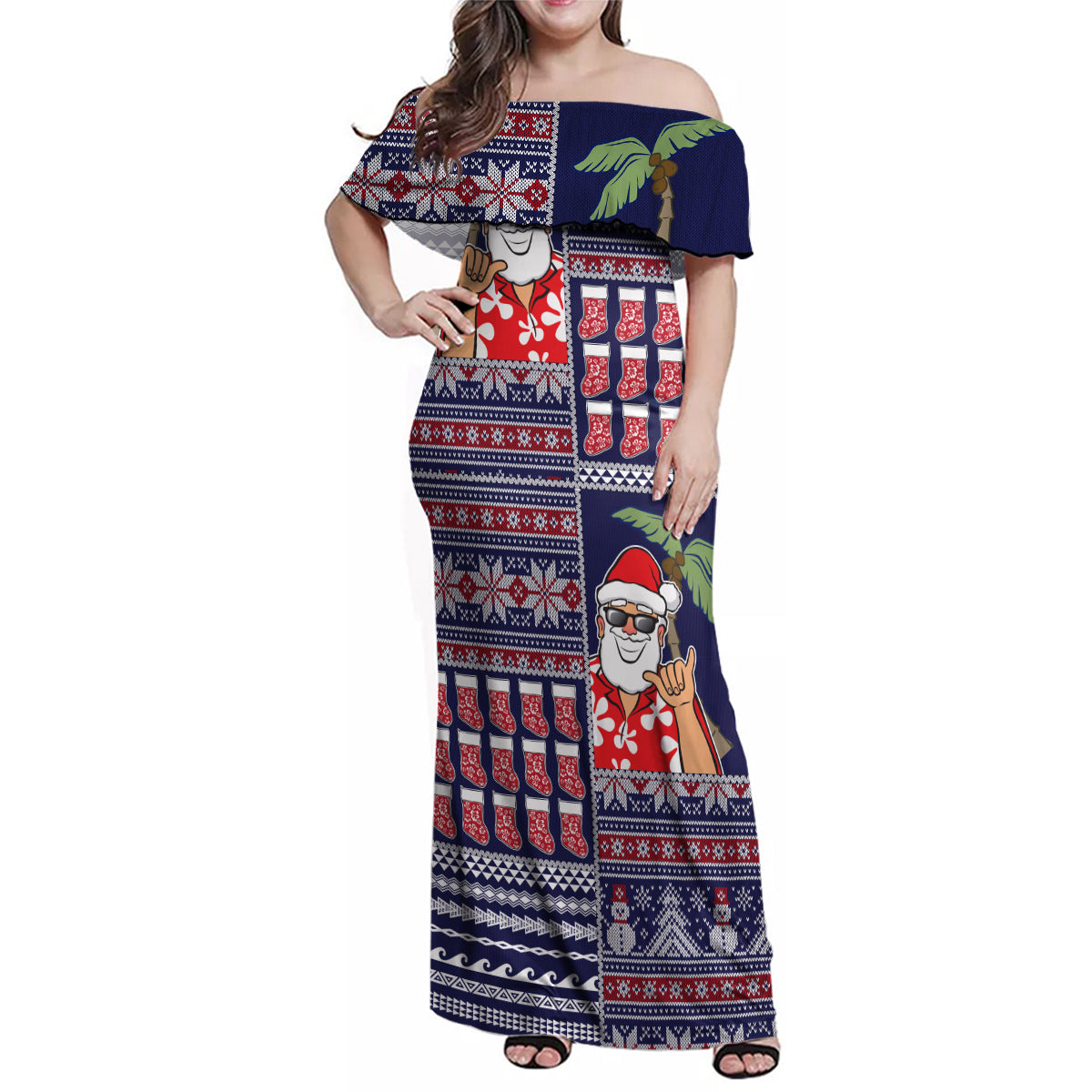Hawaii Mele Kalikimaka Family Matching Off Shoulder Maxi Dress and Hawaiian Shirt Aloha and Christmas Elements Patchwork Blue Style LT03 Mom's Dress Blue - Polynesian Pride
