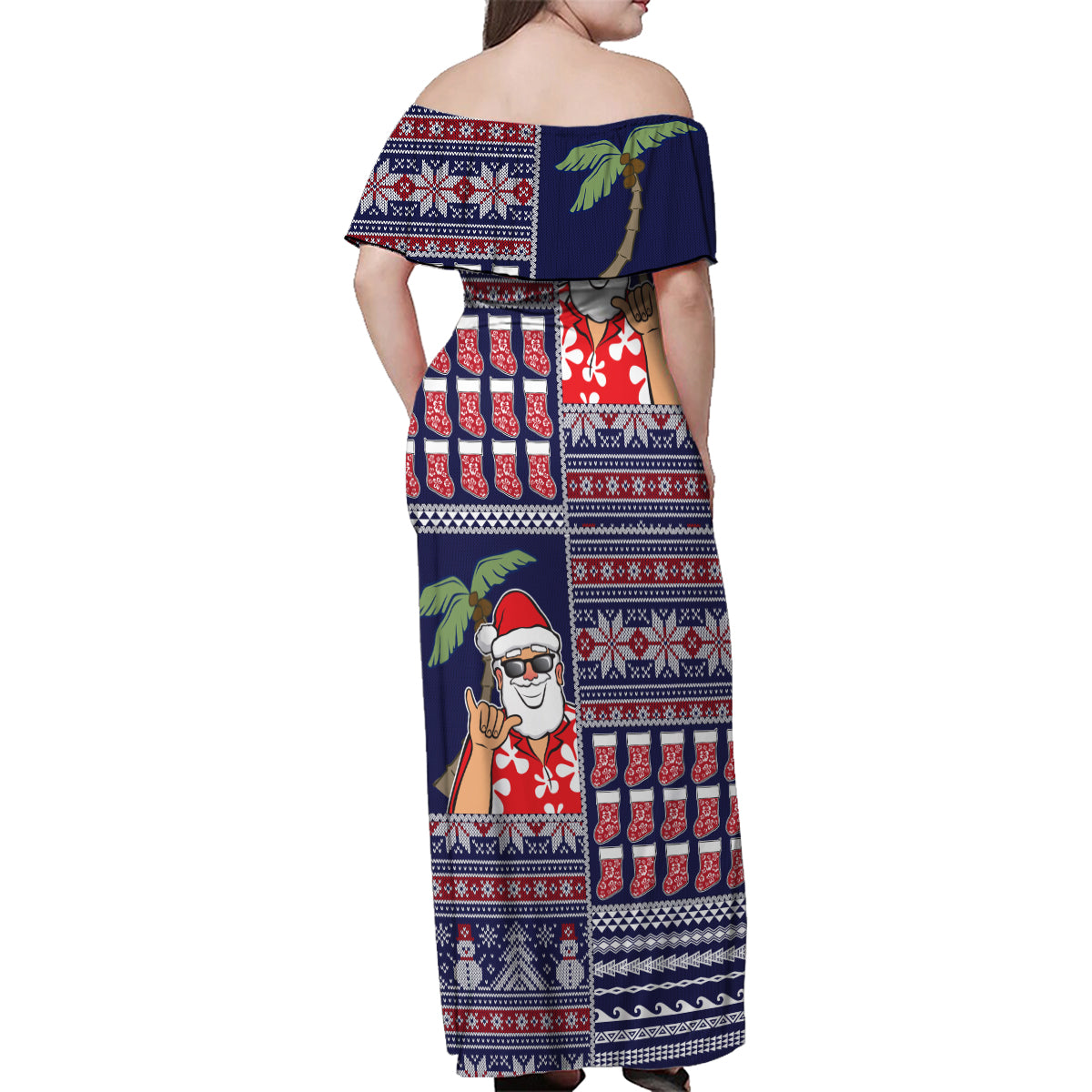 Hawaii Mele Kalikimaka Family Matching Off Shoulder Maxi Dress and Hawaiian Shirt Aloha and Christmas Elements Patchwork Blue Style LT03 - Polynesian Pride