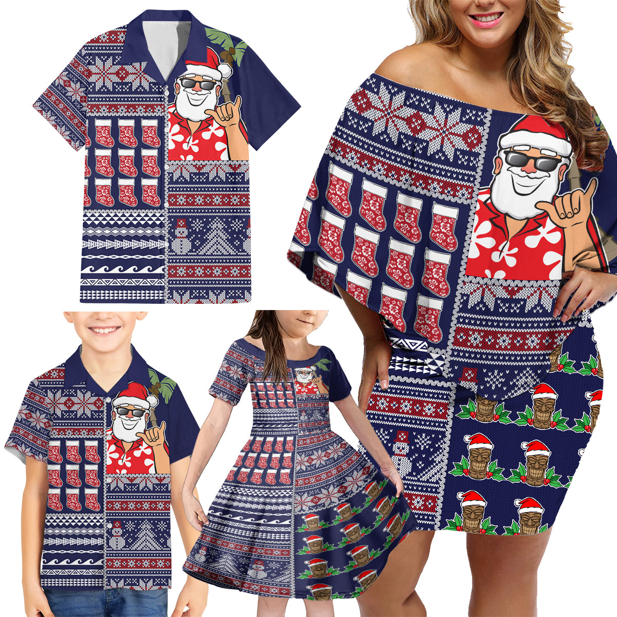 Hawaii Mele Kalikimaka Family Matching Off Shoulder Short Dress and Hawaiian Shirt Aloha and Christmas Elements Patchwork Blue Style LT03 - Polynesian Pride