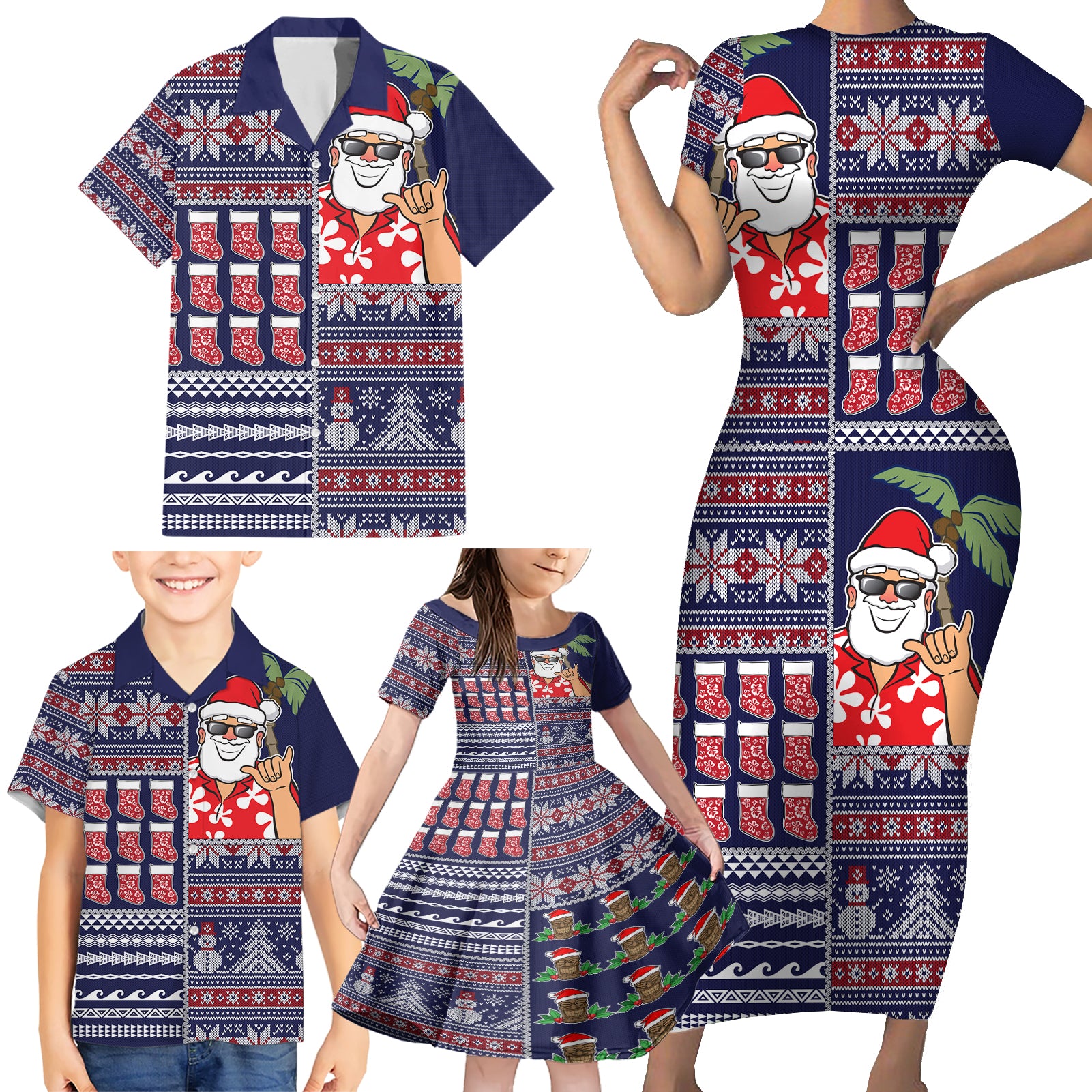 Hawaii Mele Kalikimaka Family Matching Short Sleeve Bodycon Dress and Hawaiian Shirt Aloha and Christmas Elements Patchwork Blue Style LT03 - Polynesian Pride