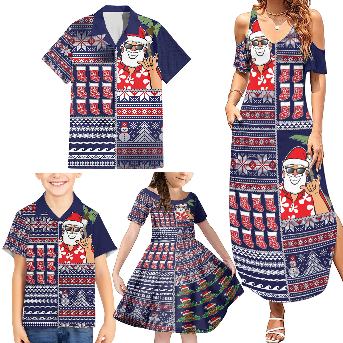 Hawaii Mele Kalikimaka Family Matching Summer Maxi Dress and Hawaiian Shirt Aloha and Christmas Elements Patchwork Blue Style LT03 - Polynesian Pride