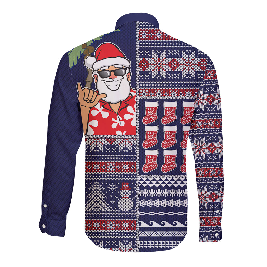 Hawaii Mele Kalikimaka Long Sleeve Button Shirt Aloha and Christmas Elements Patchwork Blue Style LT03 - Polynesian Pride