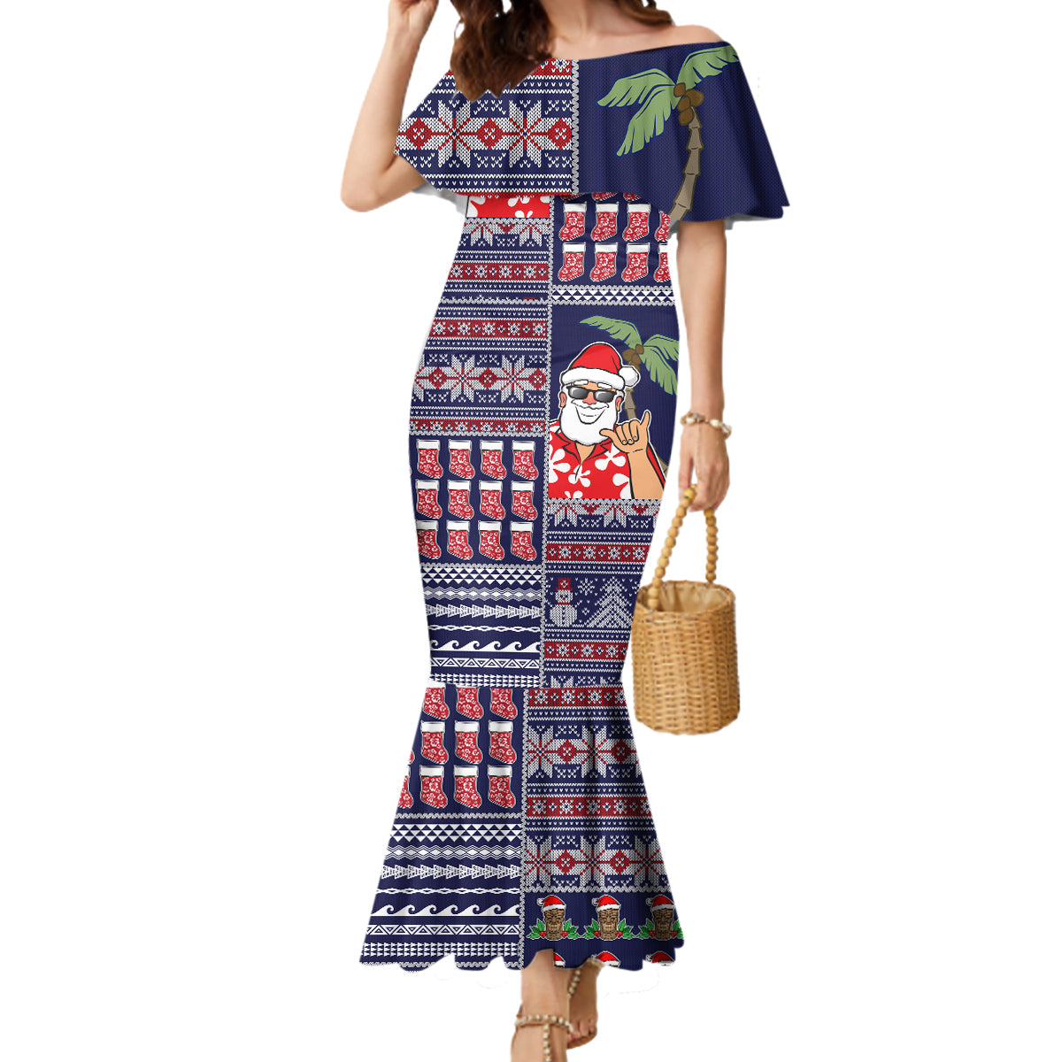 Hawaii Mele Kalikimaka Mermaid Dress Aloha and Christmas Elements Patchwork Blue Style LT03 Women Blue - Polynesian Pride