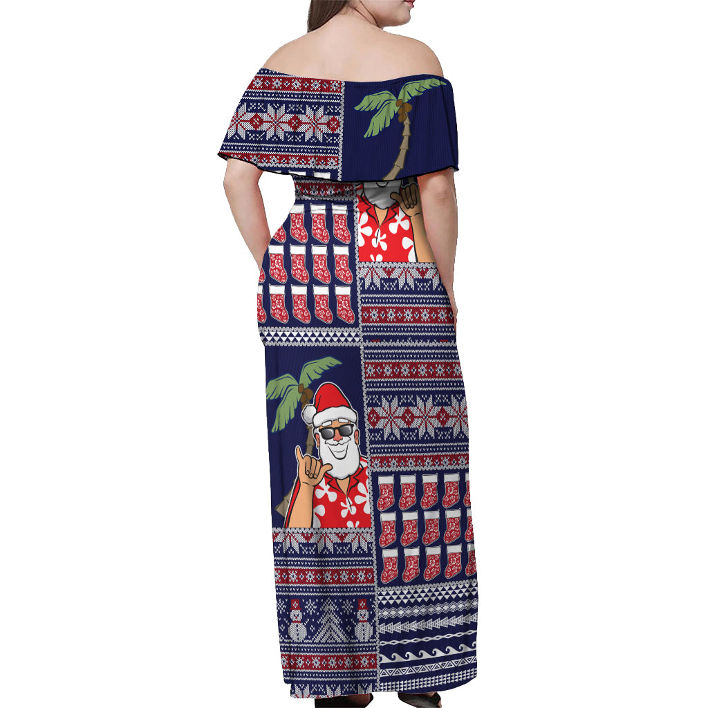Hawaii Mele Kalikimaka Off Shoulder Maxi Dress Aloha and Christmas Elements Patchwork Blue Style LT03 - Polynesian Pride