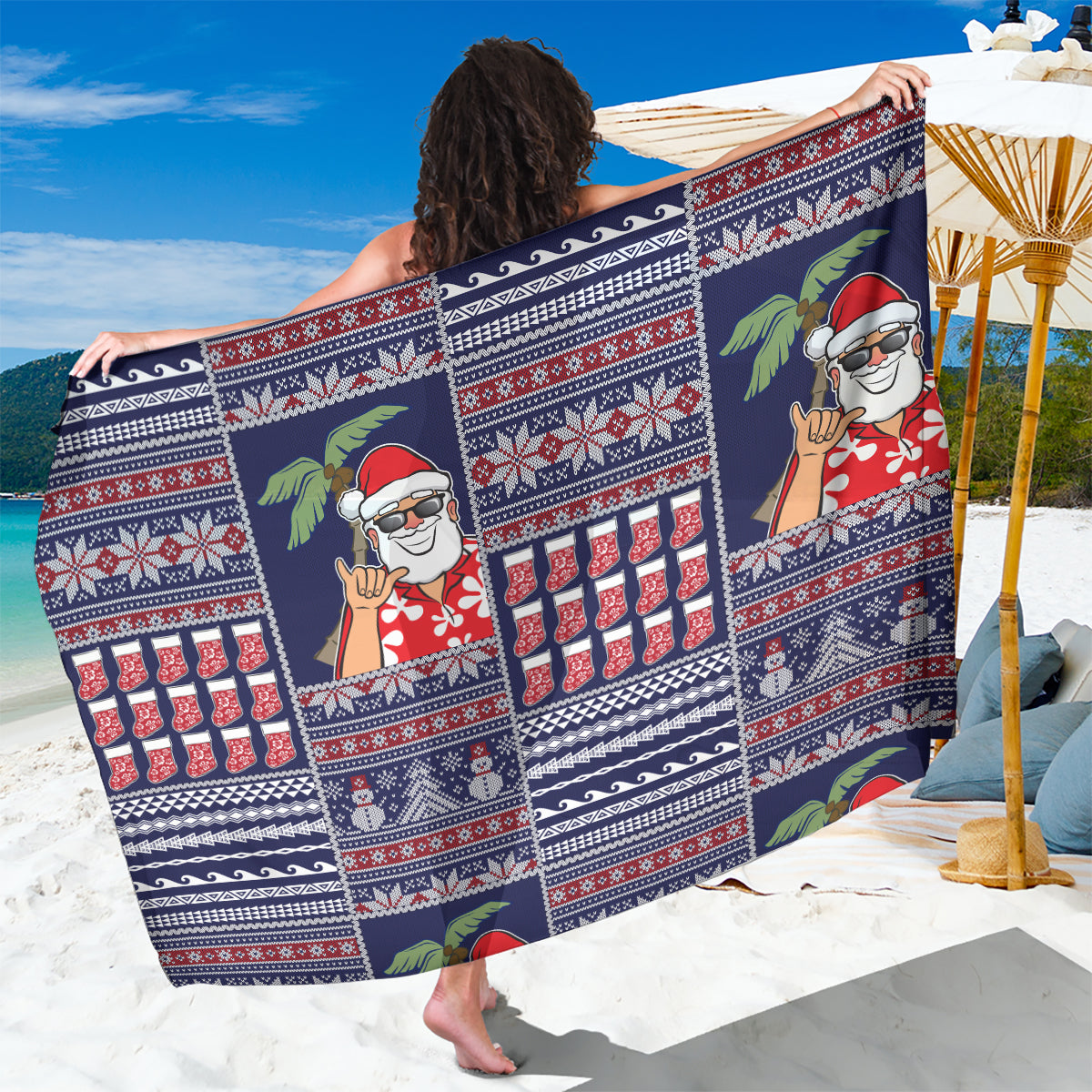 Hawaii Mele Kalikimaka Sarong Aloha and Christmas Elements Patchwork Blue Style LT03 One Size 44 x 66 inches Blue - Polynesian Pride