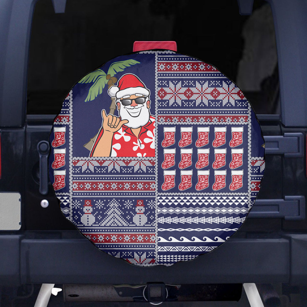 Hawaii Mele Kalikimaka Spare Tire Cover Aloha and Christmas Elements Patchwork Blue Style LT03 Blue - Polynesian Pride