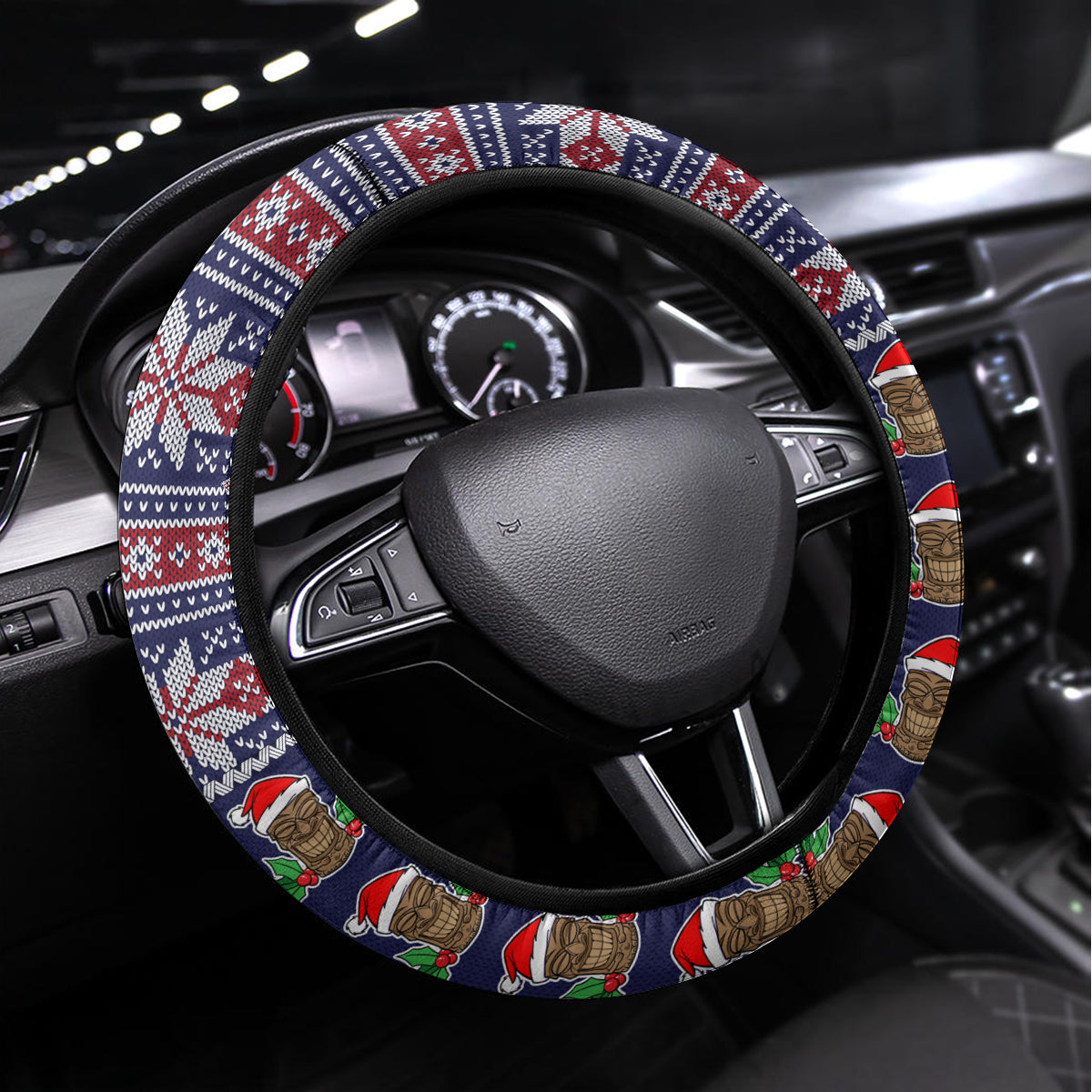 Hawaii Mele Kalikimaka Steering Wheel Cover Aloha and Christmas Elements Patchwork Blue Style