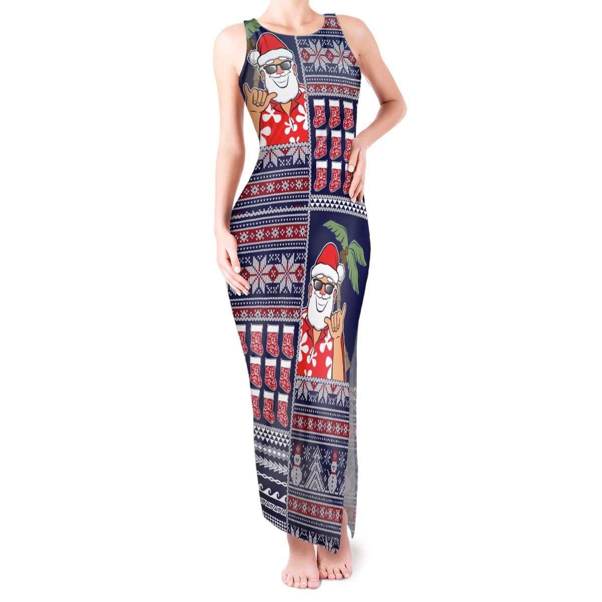 Hawaii Mele Kalikimaka Tank Maxi Dress Aloha and Christmas Elements Patchwork Blue Style LT03 Women Blue - Polynesian Pride