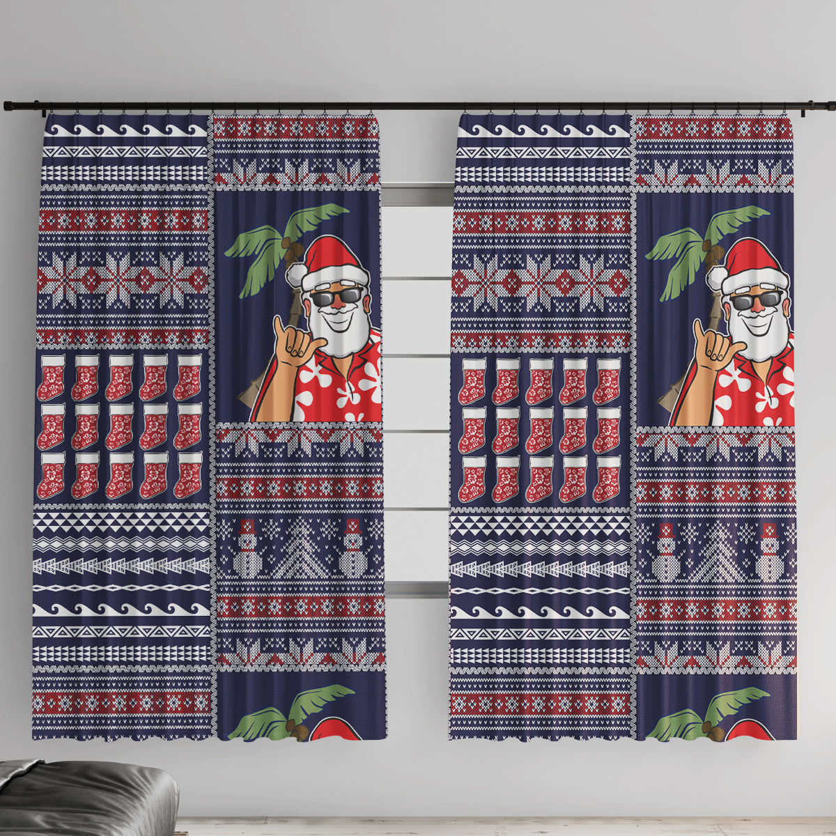 Hawaii Mele Kalikimaka Window Curtain Aloha and Christmas Elements Patchwork Blue Style LT03 With Hooks Blue - Polynesian Pride