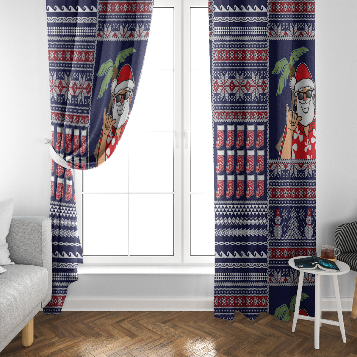Hawaii Mele Kalikimaka Window Curtain Aloha and Christmas Elements Patchwork Blue Style LT03 - Polynesian Pride