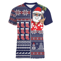 Hawaii Mele Kalikimaka Women V Neck T Shirt Aloha and Christmas Elements Patchwork Blue Style LT03 Female Blue - Polynesian Pride