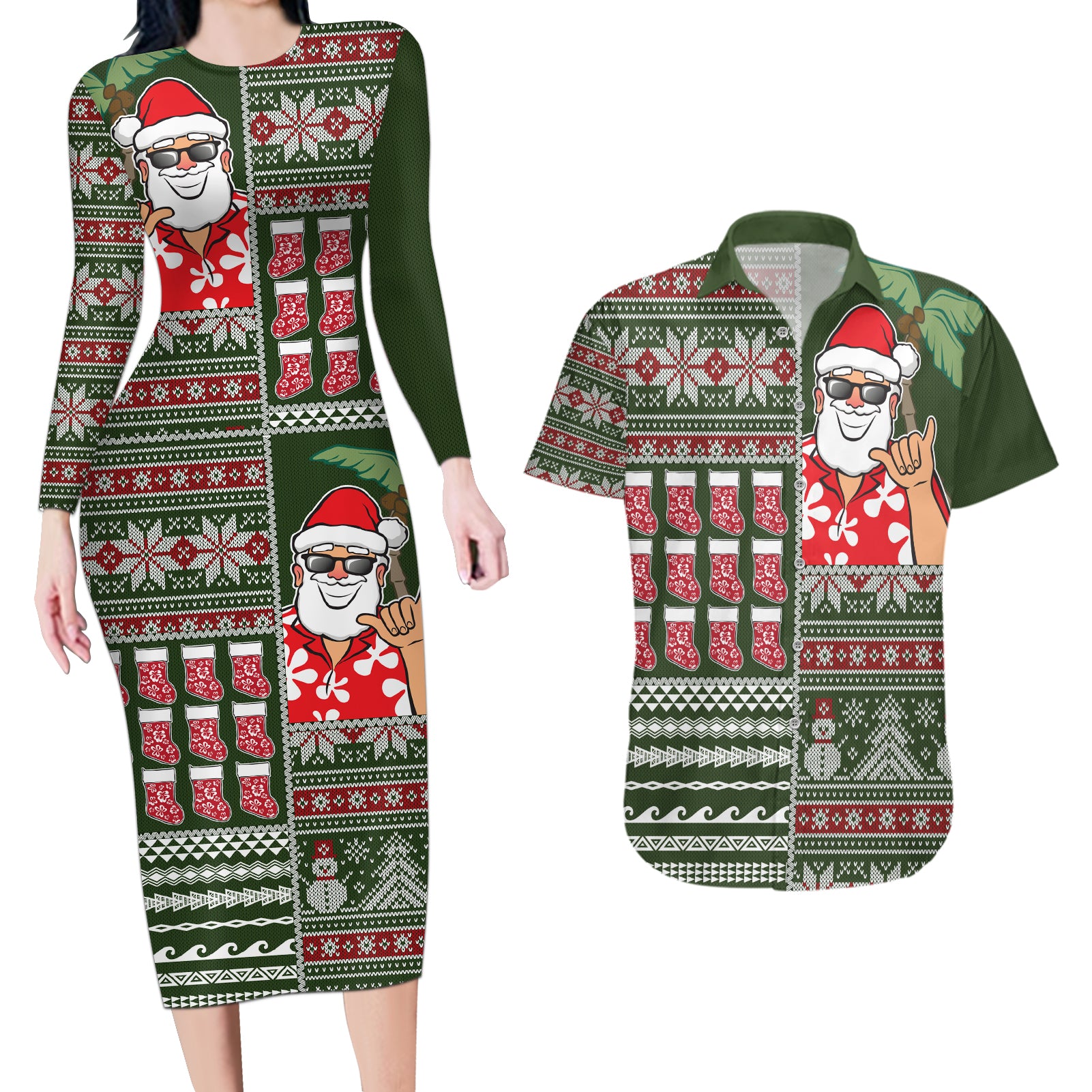 Hawaii Mele Kalikimaka Couples Matching Long Sleeve Bodycon Dress and Hawaiian Shirt Aloha and Christmas Elements Patchwork Green Style LT03 Green - Polynesian Pride