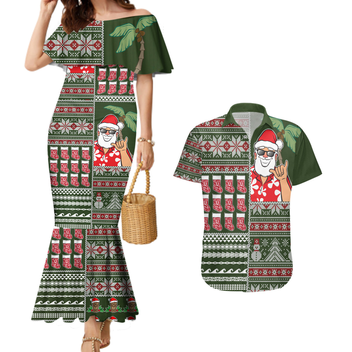 Hawaii Mele Kalikimaka Couples Matching Mermaid Dress and Hawaiian Shirt Aloha and Christmas Elements Patchwork Green Style LT03 Green - Polynesian Pride