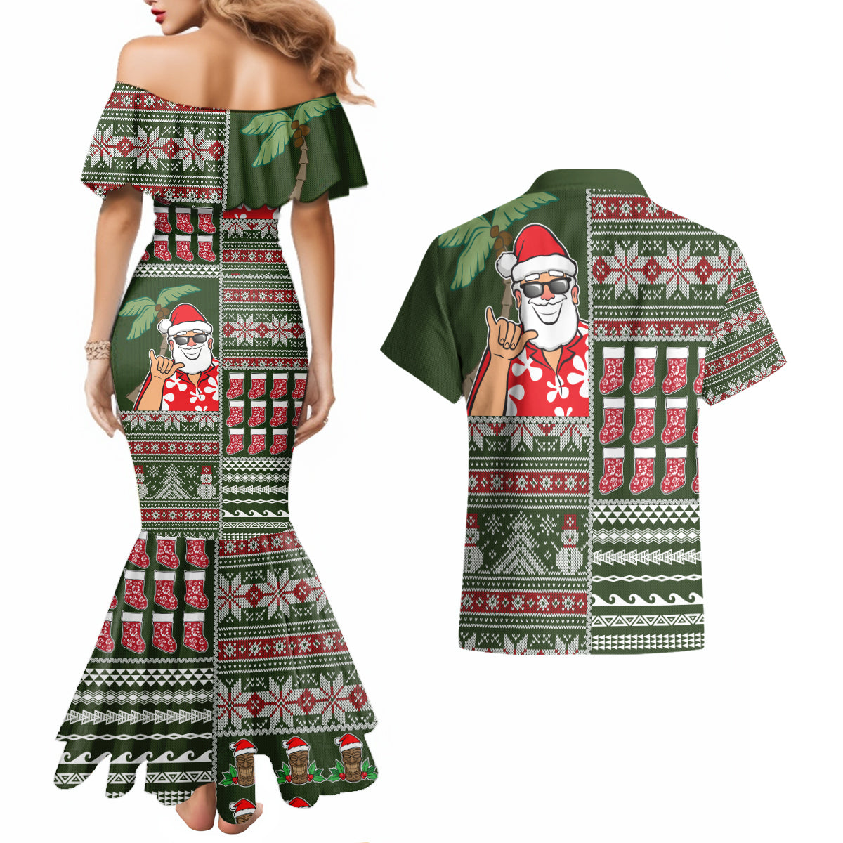 Hawaii Mele Kalikimaka Couples Matching Mermaid Dress and Hawaiian Shirt Aloha and Christmas Elements Patchwork Green Style LT03 - Polynesian Pride