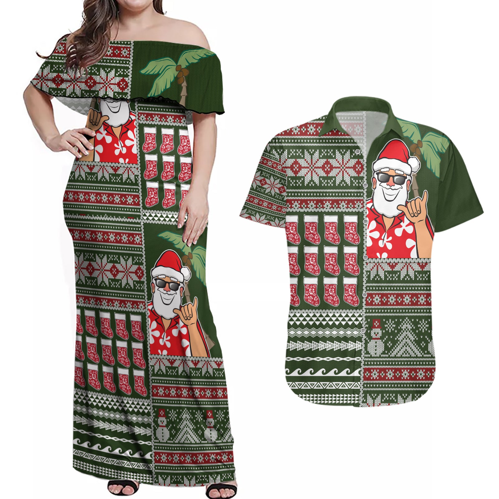 Hawaii Mele Kalikimaka Couples Matching Off Shoulder Maxi Dress and Hawaiian Shirt Aloha and Christmas Elements Patchwork Green Style LT03 Green - Polynesian Pride