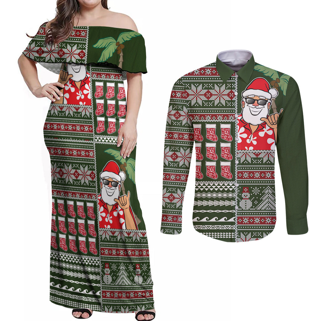 Hawaii Mele Kalikimaka Couples Matching Off Shoulder Maxi Dress and Long Sleeve Button Shirt Aloha and Christmas Elements Patchwork Green Style LT03 Green - Polynesian Pride