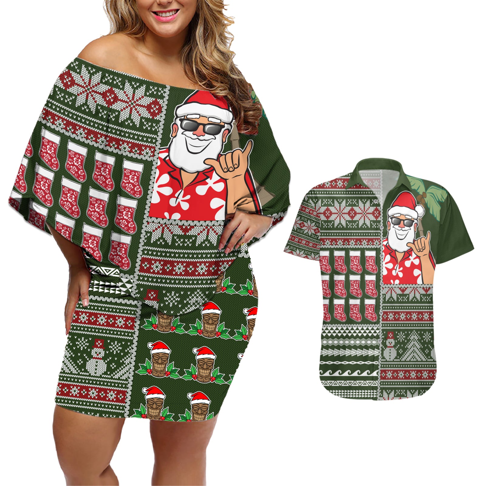 Hawaii Mele Kalikimaka Couples Matching Off Shoulder Short Dress and Hawaiian Shirt Aloha and Christmas Elements Patchwork Green Style LT03 Green - Polynesian Pride