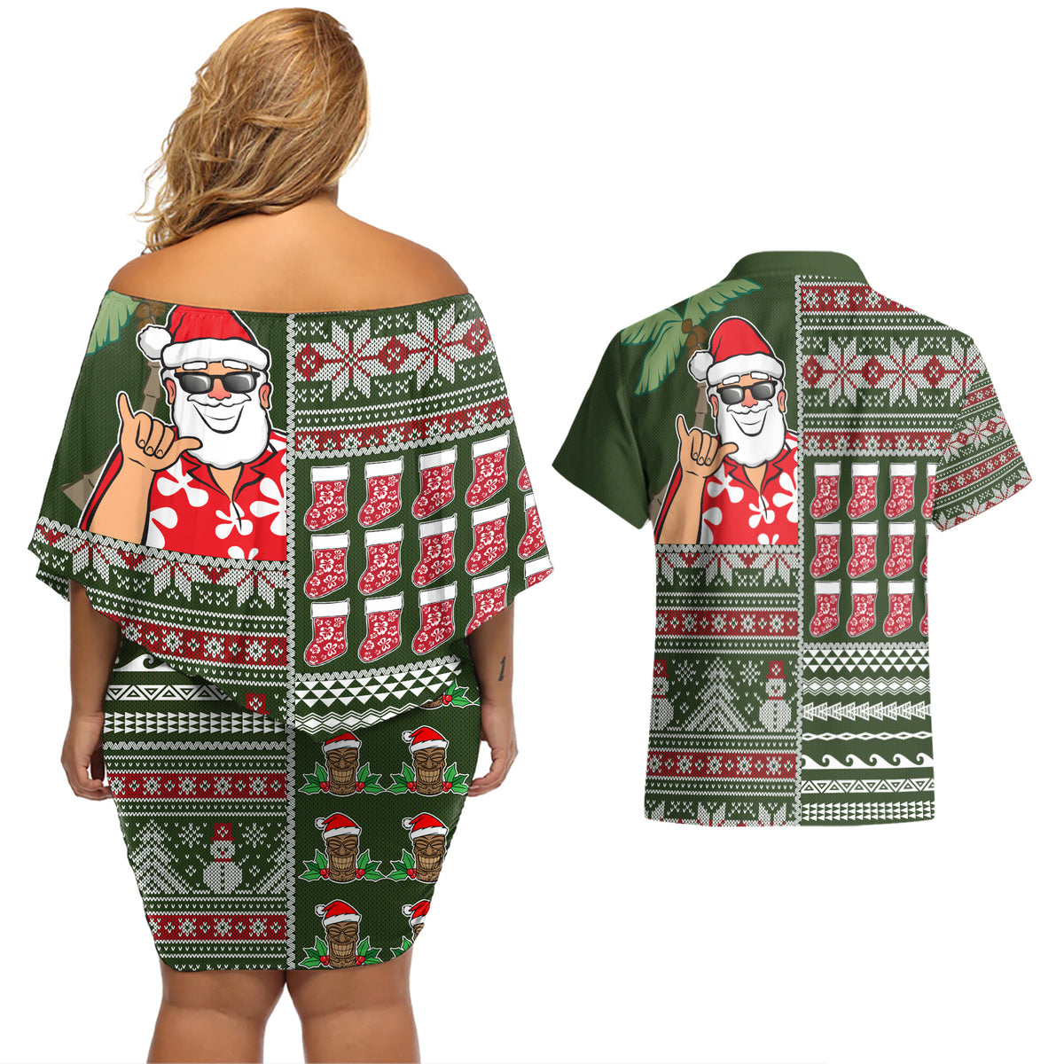 Hawaii Mele Kalikimaka Couples Matching Off Shoulder Short Dress and Hawaiian Shirt Aloha and Christmas Elements Patchwork Green Style LT03 - Polynesian Pride