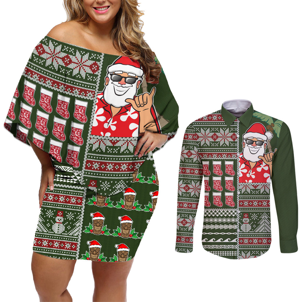 Hawaii Mele Kalikimaka Couples Matching Off Shoulder Short Dress and Long Sleeve Button Shirt Aloha and Christmas Elements Patchwork Green Style LT03 Green - Polynesian Pride