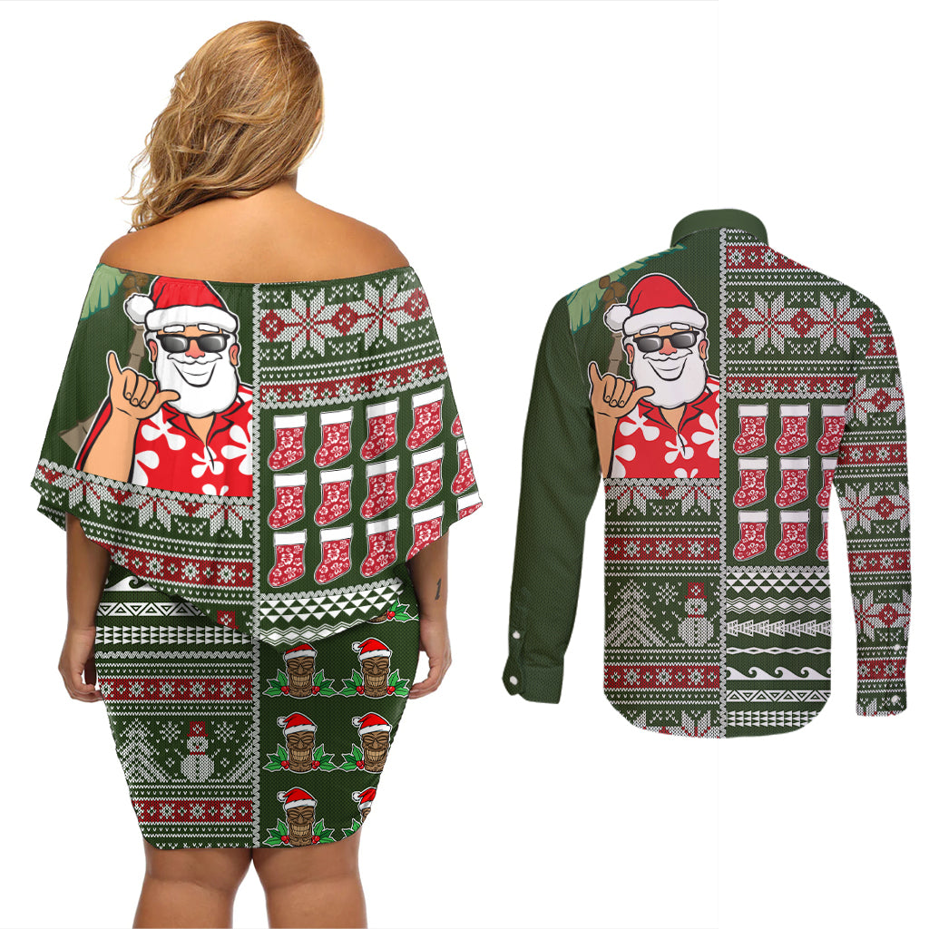 Hawaii Mele Kalikimaka Couples Matching Off Shoulder Short Dress and Long Sleeve Button Shirt Aloha and Christmas Elements Patchwork Green Style LT03 - Polynesian Pride