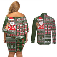 Hawaii Mele Kalikimaka Couples Matching Off Shoulder Short Dress and Long Sleeve Button Shirt Aloha and Christmas Elements Patchwork Green Style LT03 - Polynesian Pride