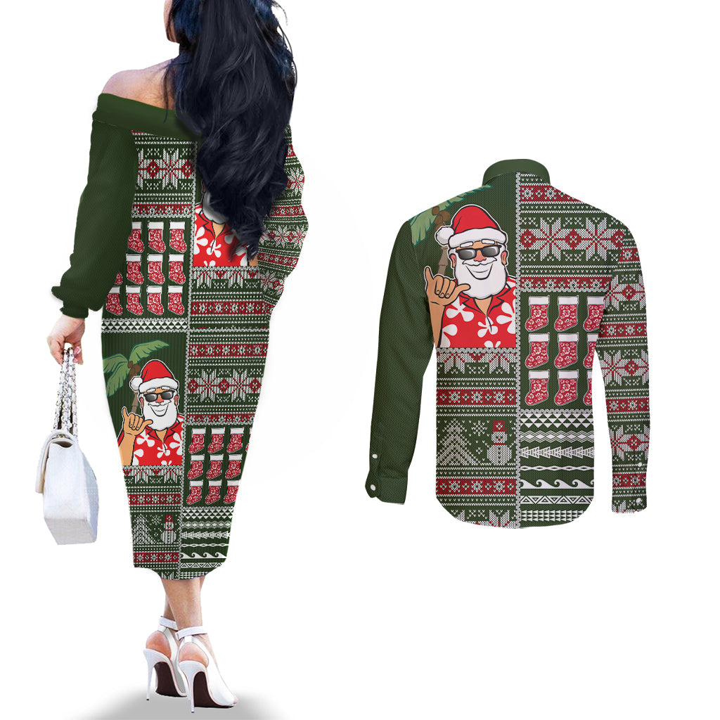 Hawaii Mele Kalikimaka Couples Matching Off The Shoulder Long Sleeve Dress and Long Sleeve Button Shirt Aloha and Christmas Elements Patchwork Green Style LT03 - Polynesian Pride