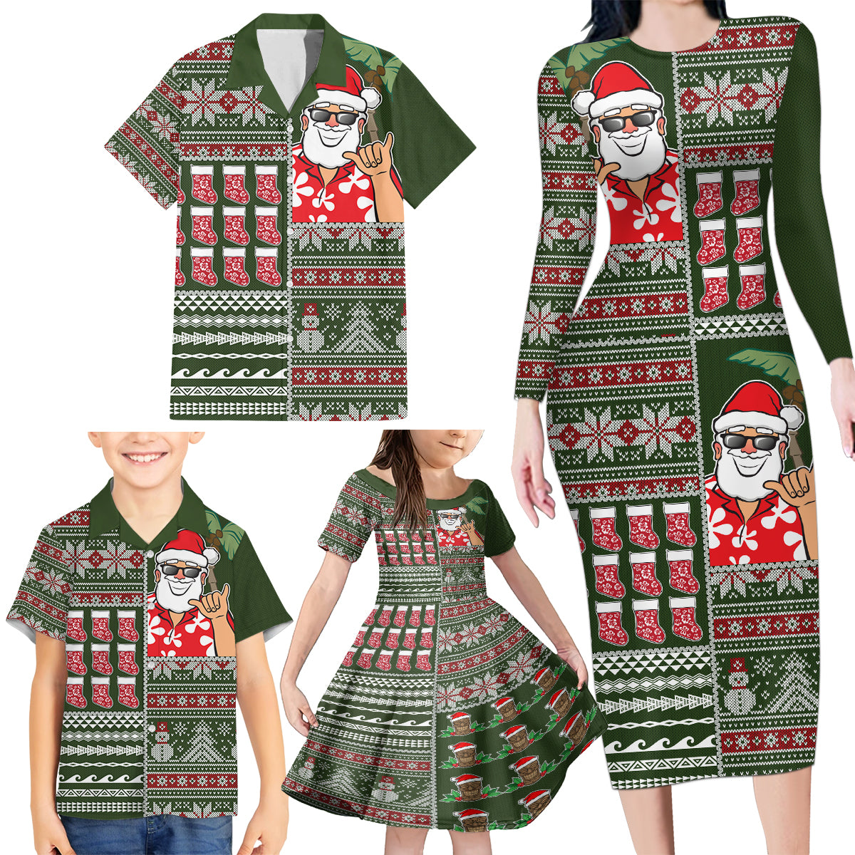 Hawaii Mele Kalikimaka Family Matching Long Sleeve Bodycon Dress and Hawaiian Shirt Aloha and Christmas Elements Patchwork Green Style LT03 - Polynesian Pride