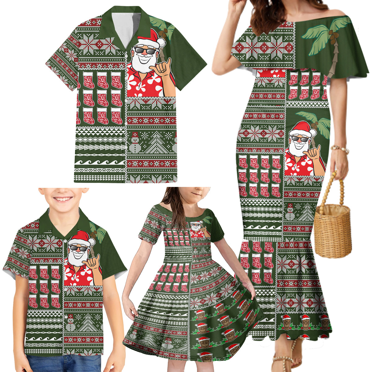 Hawaii Mele Kalikimaka Family Matching Mermaid Dress and Hawaiian Shirt Aloha and Christmas Elements Patchwork Green Style LT03 - Polynesian Pride