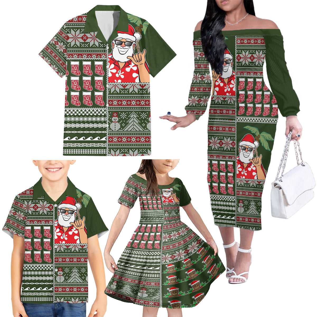 Hawaii Mele Kalikimaka Family Matching Off Shoulder Long Sleeve Dress and Hawaiian Shirt Aloha and Christmas Elements Patchwork Green Style LT03 - Polynesian Pride