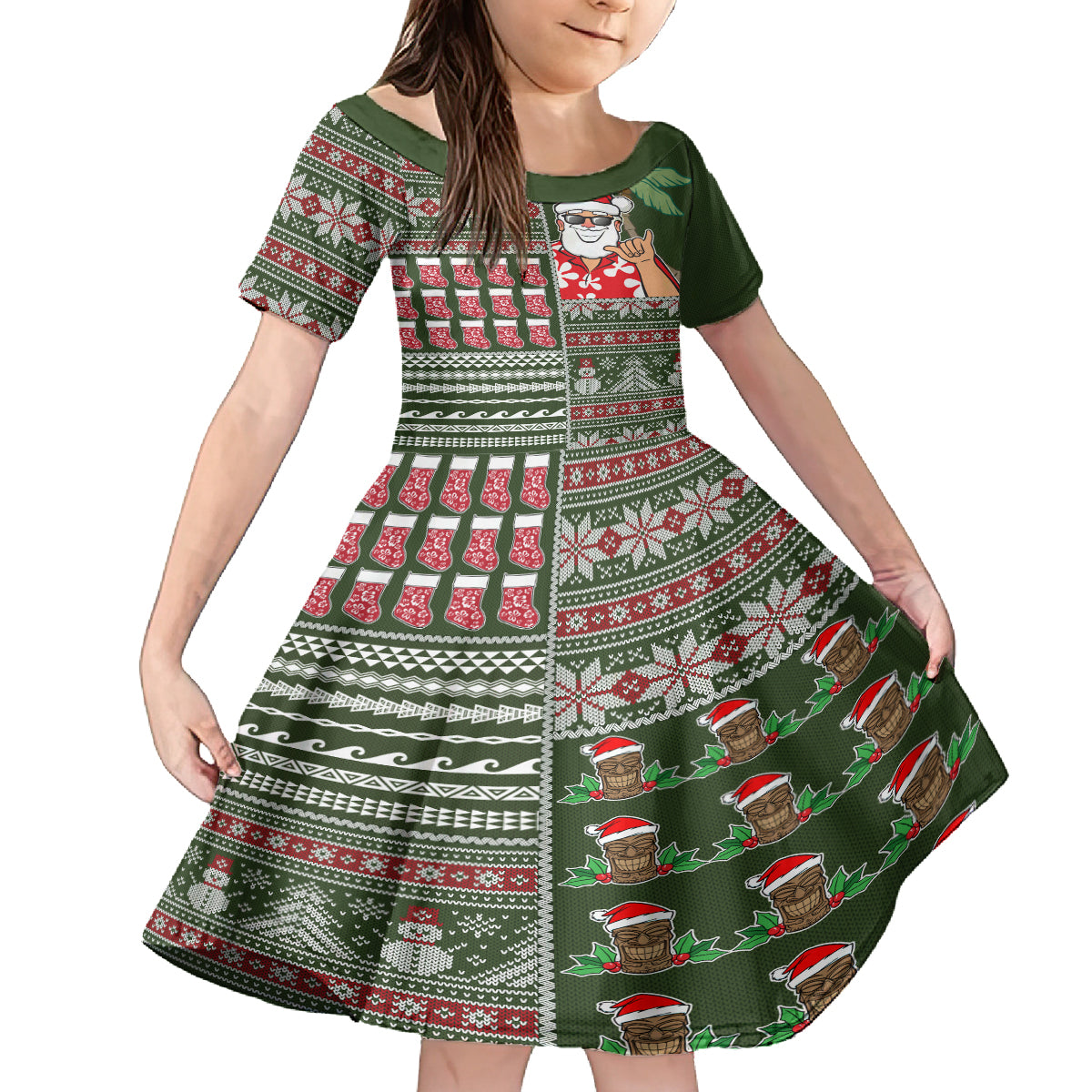 Hawaii Mele Kalikimaka Family Matching Off Shoulder Maxi Dress and Hawaiian Shirt Aloha and Christmas Elements Patchwork Green Style LT03 Daughter's Dress Green - Polynesian Pride