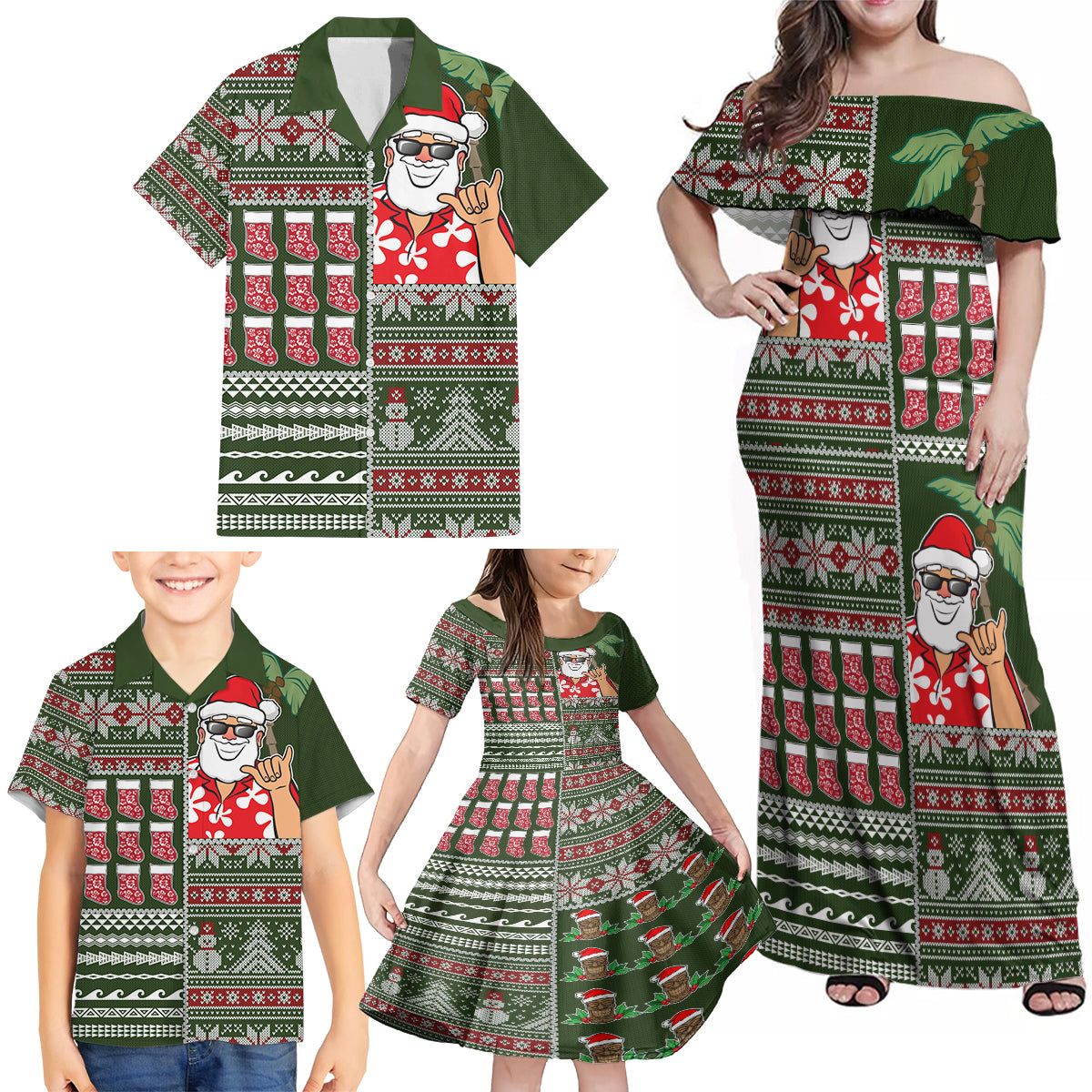 Hawaii Mele Kalikimaka Family Matching Off Shoulder Maxi Dress and Hawaiian Shirt Aloha and Christmas Elements Patchwork Green Style LT03 - Polynesian Pride